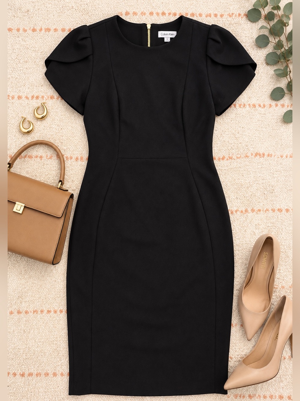 Calvin Klein Black Tulip Sleeve Sheath Midi Dress Gold Zip Size 2